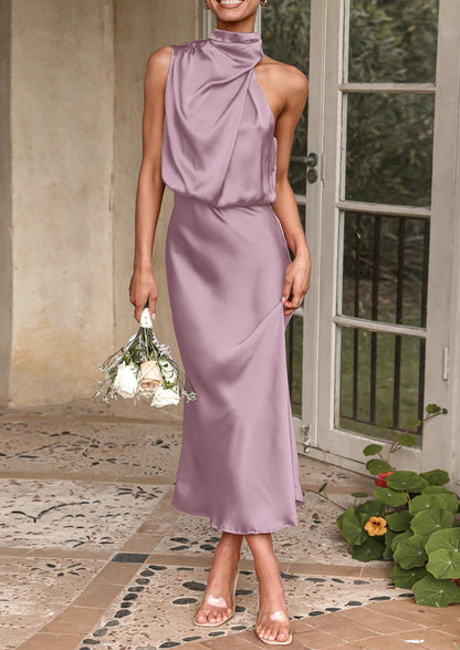Satin Maxi Dress - Sleeveless, Mock Neck, Cocktail - photo 62