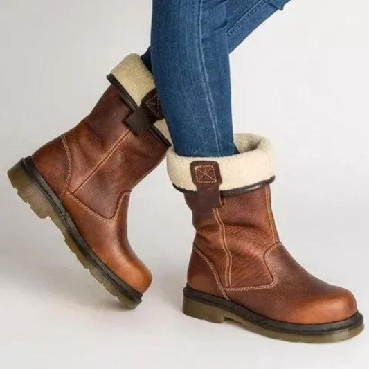 Orsenvi Jacklyn Chic Women’s Leather Winter Boots - Plush Faux Shearling Warmth With Rugged Lug Sole