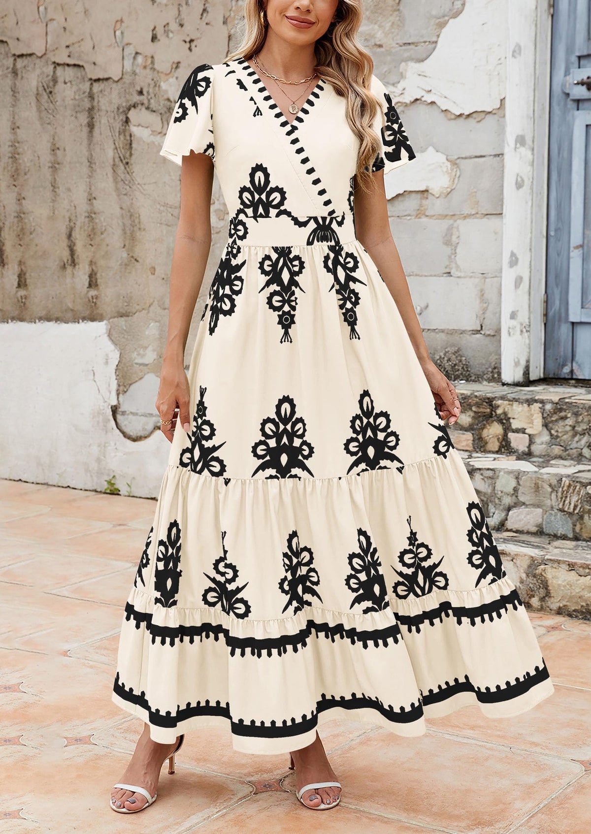 Floral Flowy Tiered Maxi Dress - Bell Sleeve, V-Neck, Casual - photo 17