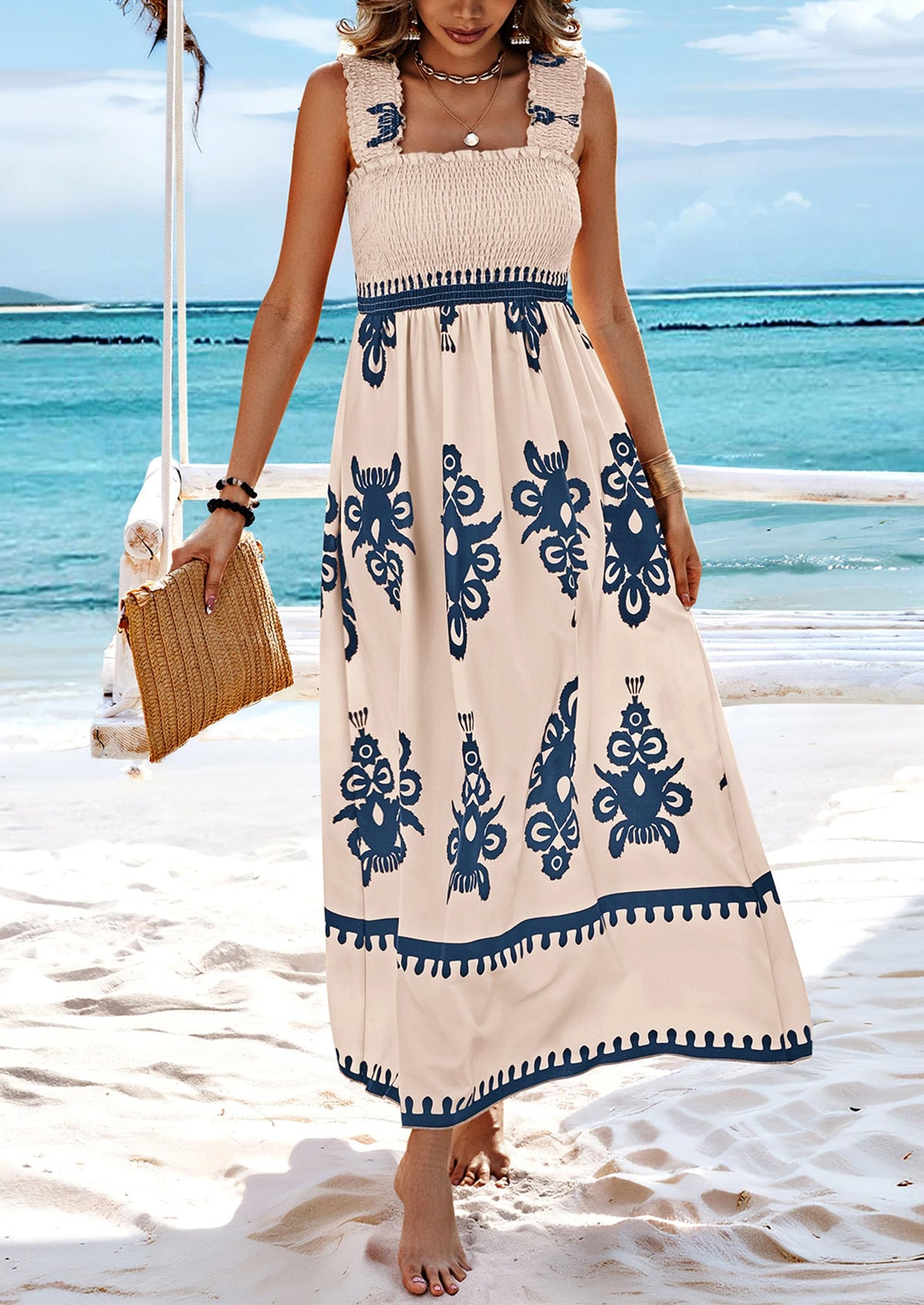 Floral Smocked Maxi Dress - Sleeveless, Square Neck, Boho - photo 15