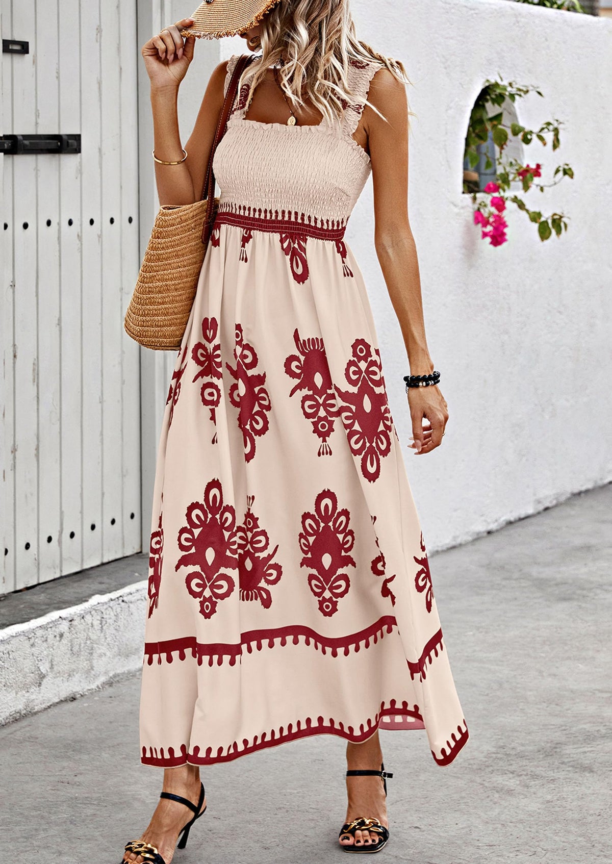 Floral Smocked Maxi Dress - Sleeveless, Square Neck, Boho - photo 18