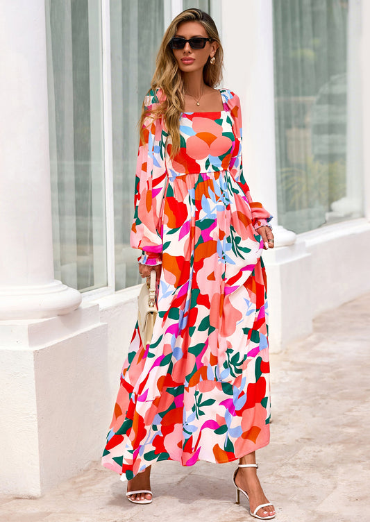 Floral A-Line Flowy Maxi Dress - Long Sleeve, Square Neck, photo 1
