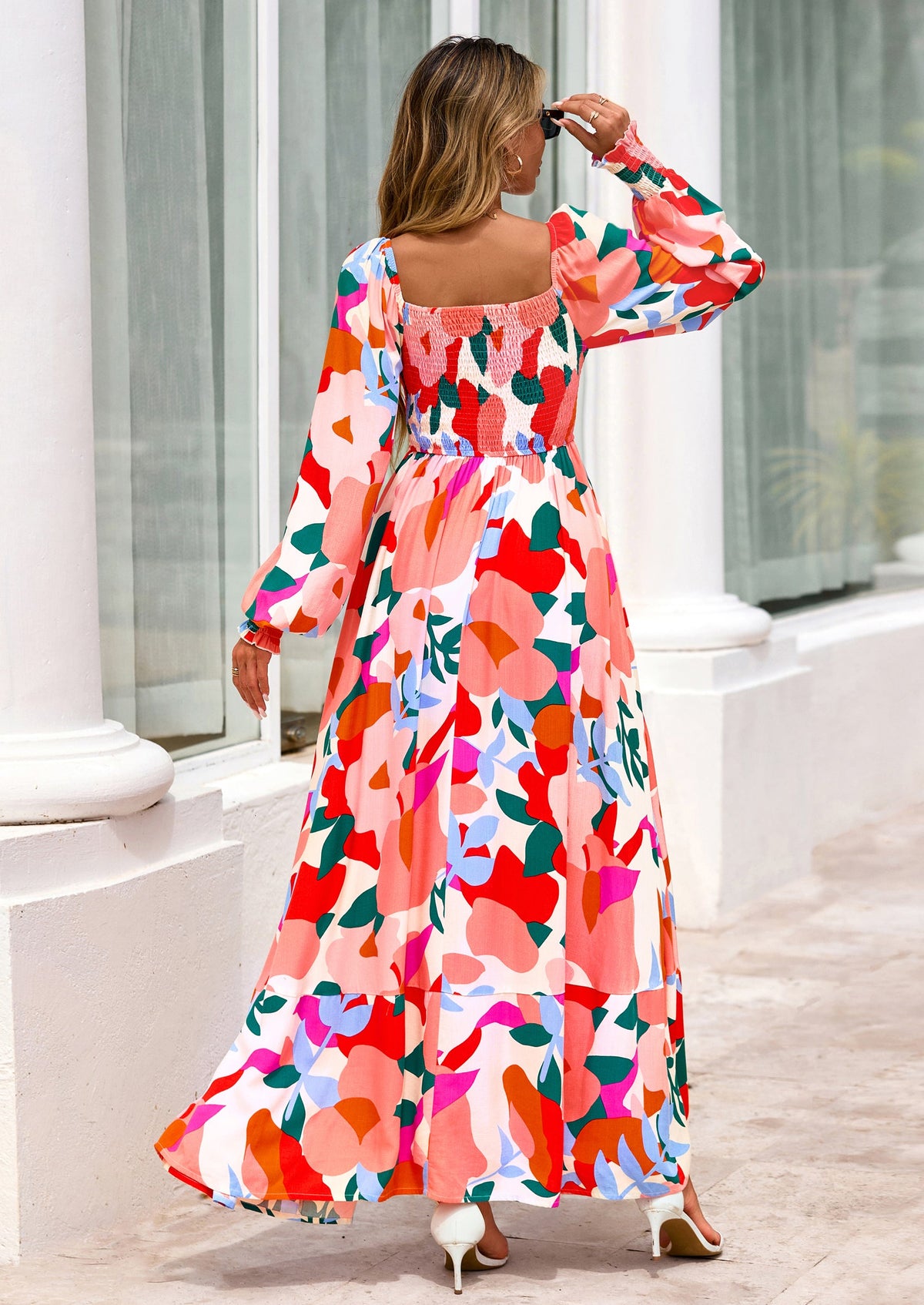 Floral A-Line Flowy Maxi Dress - Long Sleeve, Square Neck, photo 2