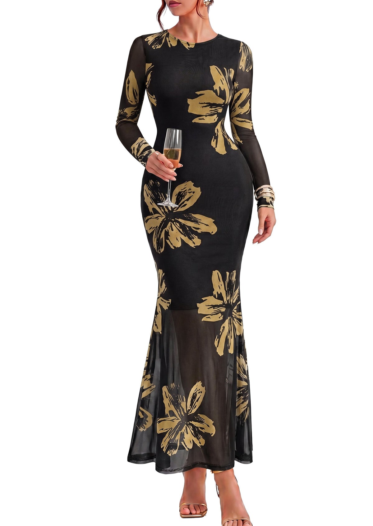 Floral Mesh Bodycon Maxi Dress - Long Sleeve, Crewneck, Photo 4