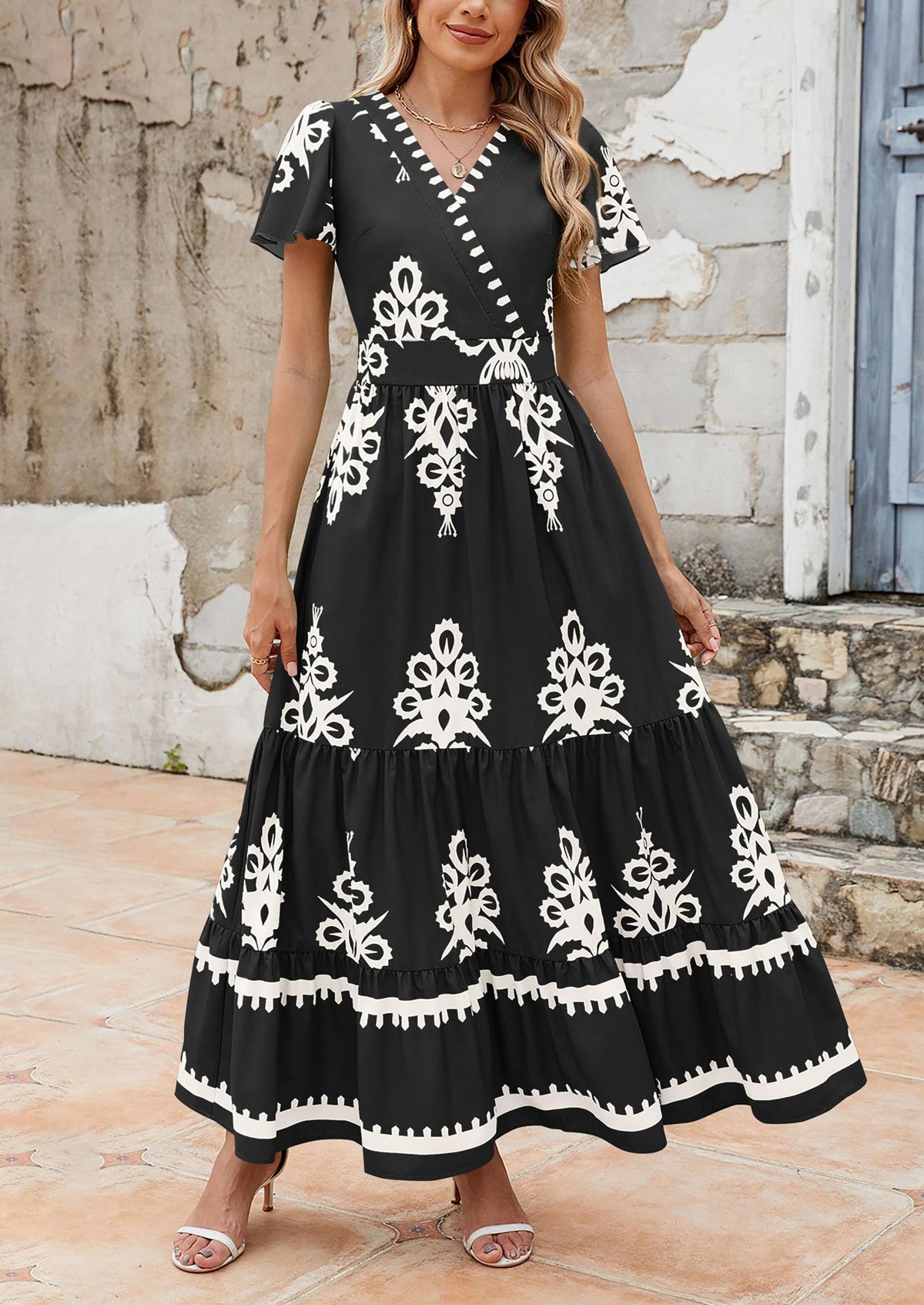 Floral Flowy Tiered Maxi Dress - Bell Sleeve, V-Neck, Casual - photo 23