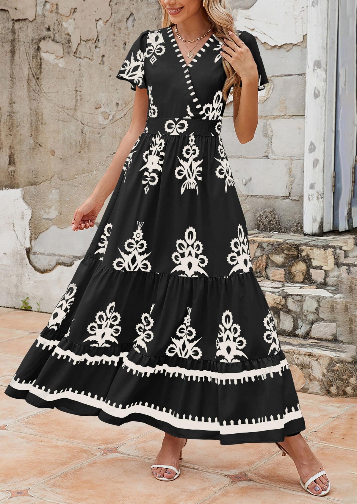 Floral Flowy Tiered Maxi Dress - Bell Sleeve, V-Neck, Casual - photo 22