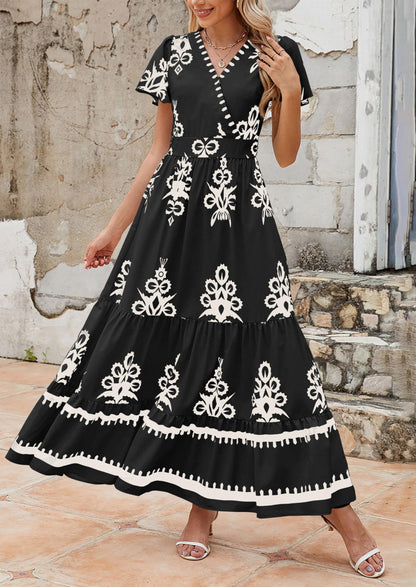 Floral Flowy Tiered Maxi Dress - Bell Sleeve, V-Neck, Casual - photo 22