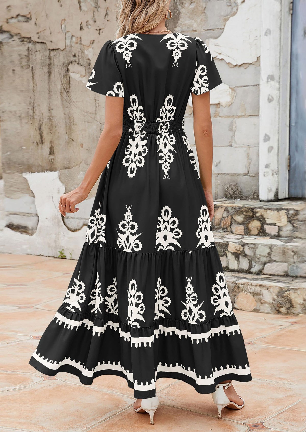 Floral Flowy Tiered Maxi Dress - Bell Sleeve, V-Neck, Casual - photo 21