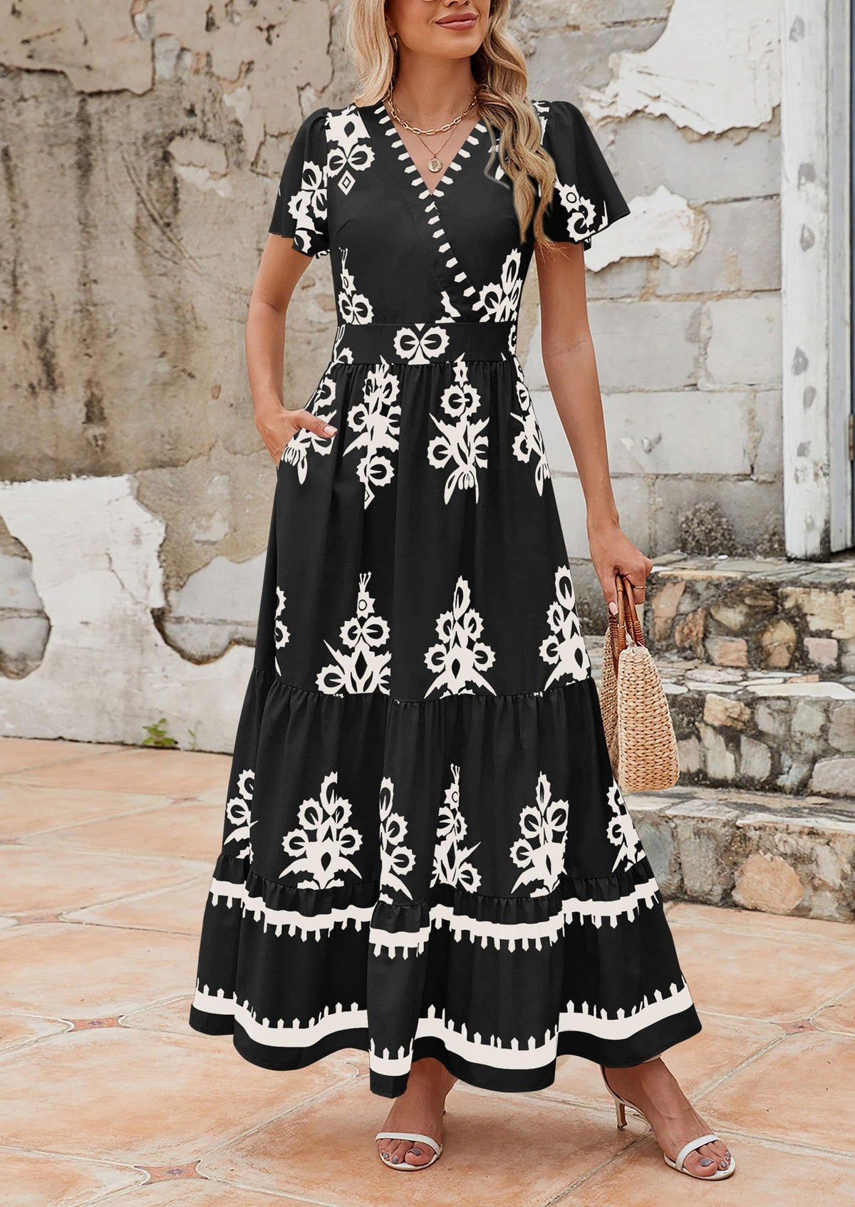 Floral Flowy Tiered Maxi Dress - Bell Sleeve, V-Neck, Casual - photo 25