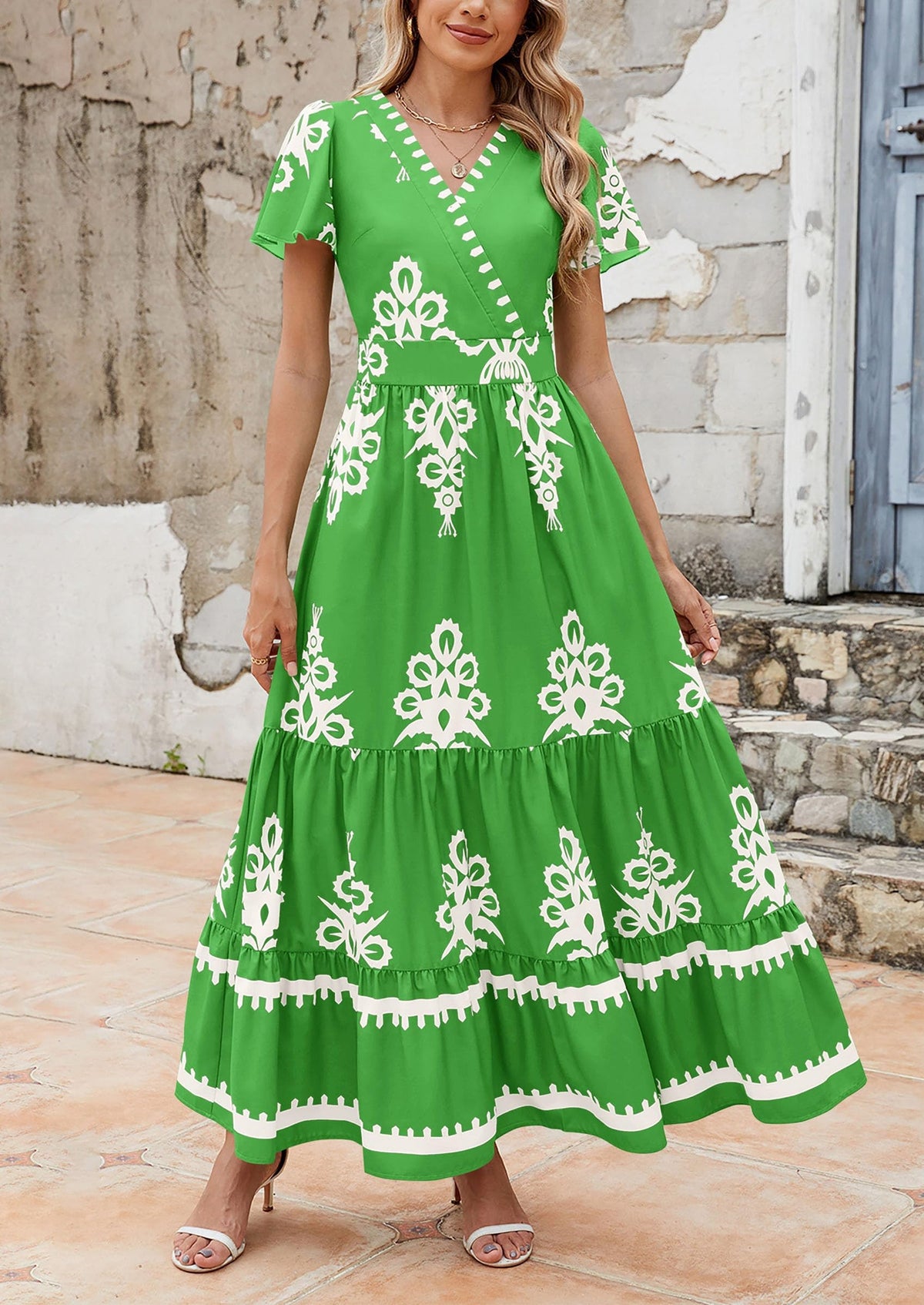 Floral Flowy Tiered Maxi Dress - Bell Sleeve, V-Neck, Casual - photo 10