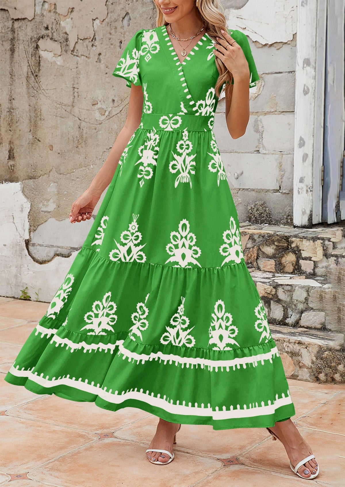 Floral Flowy Tiered Maxi Dress - Bell Sleeve, V-Neck, Casual - photo 9