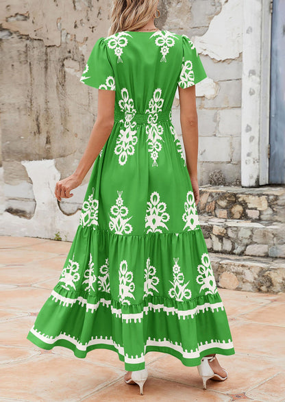 Floral Flowy Tiered Maxi Dress - Bell Sleeve, V-Neck, Casual - photo 8