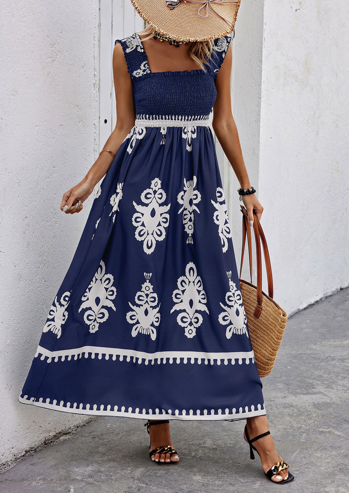 Floral Smocked Maxi Dress - Sleeveless, Square Neck, Boho - photo 36