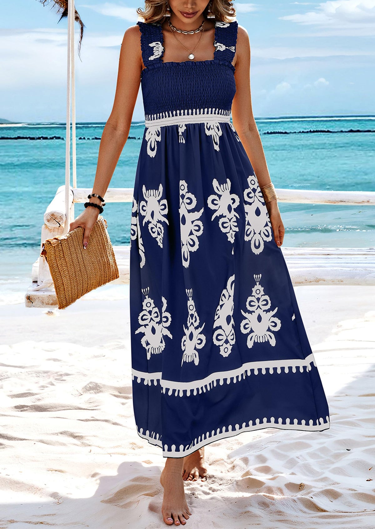 Floral Smocked Maxi Dress - Sleeveless, Square Neck, Boho - photo 35