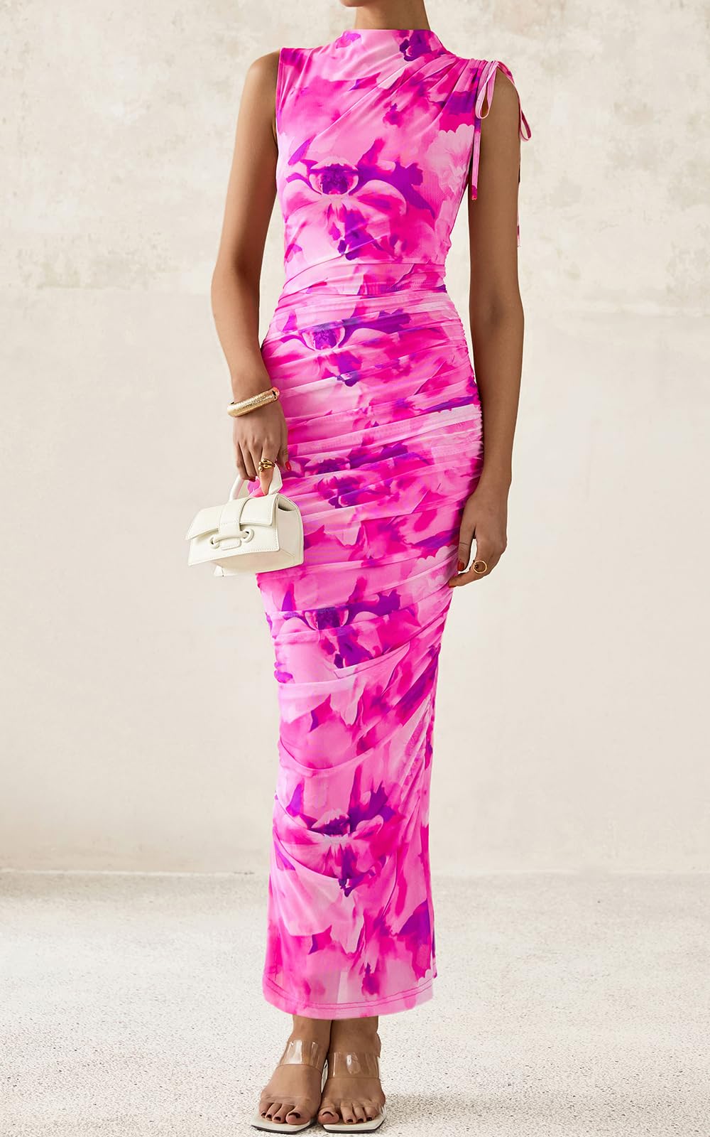 Floral Mesh Ruched Maxi Dress - Sleeveless, Mock Neck, Formal - photo 66