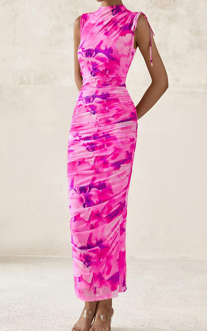 Floral Mesh Ruched Maxi Dress - Sleeveless, Mock Neck, Formal - photo 67