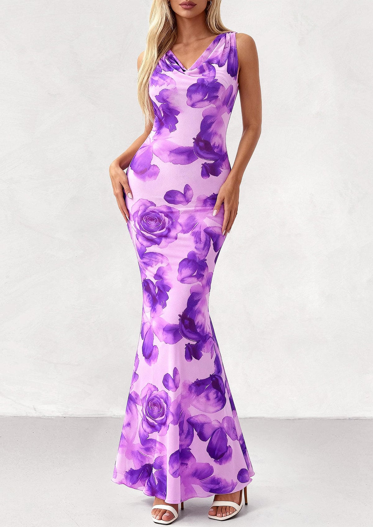 Floral Bodycon Maxi Dress - Sleeveless, Cowl Neck, Beach - photo 21