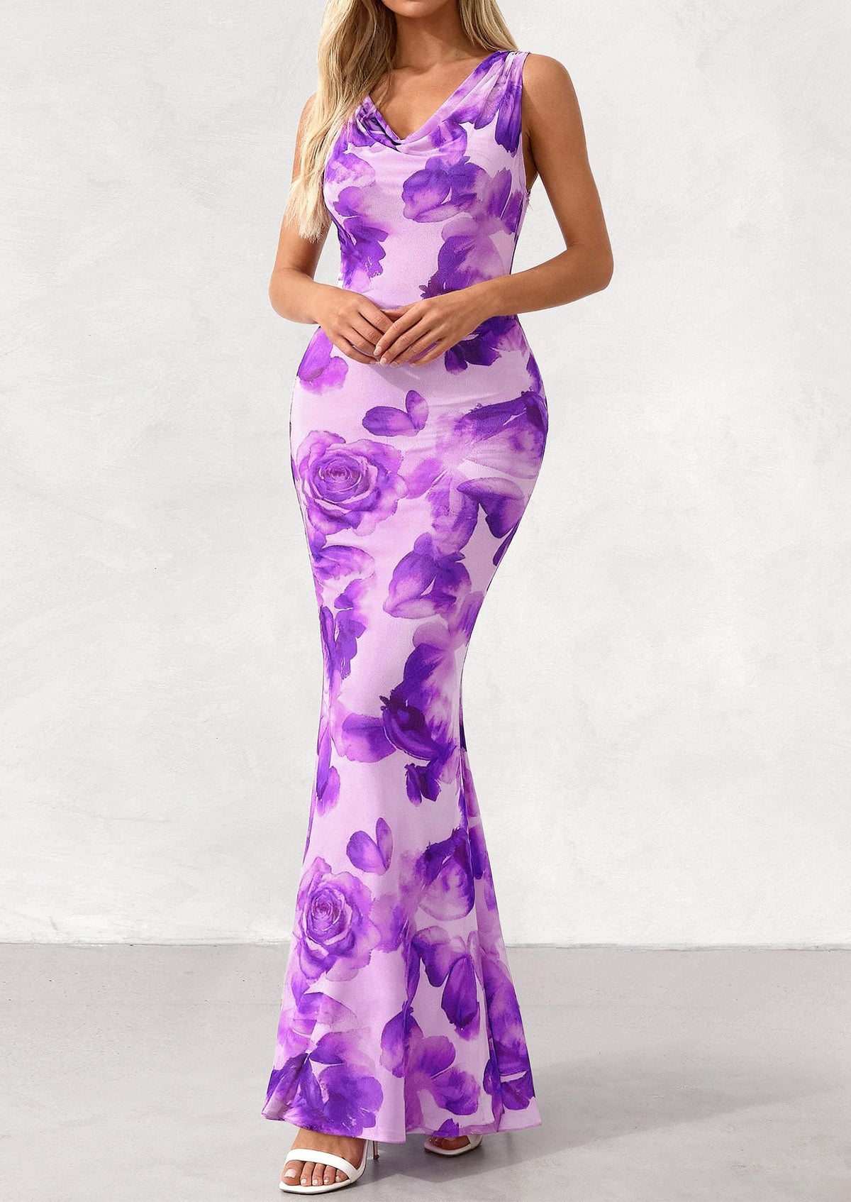 Floral Bodycon Maxi Dress - Sleeveless, Cowl Neck, Beach - photo 22