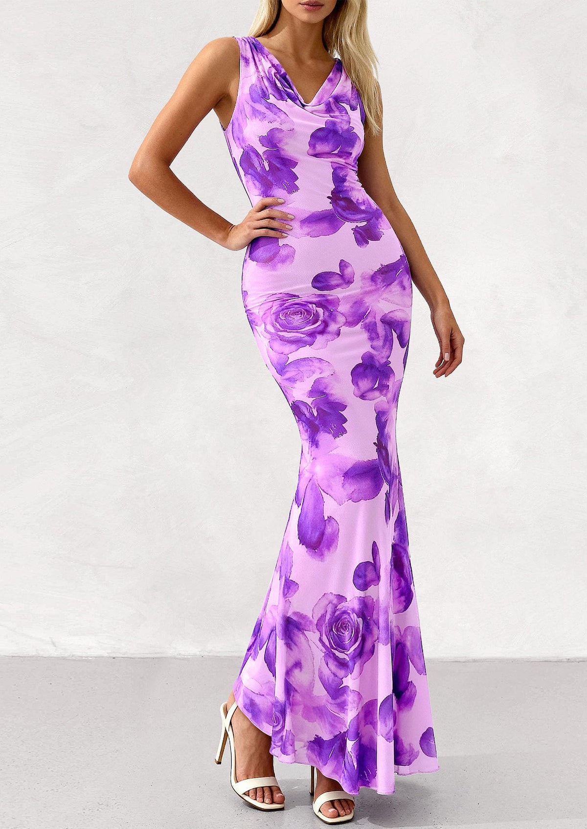 Floral Bodycon Maxi Dress - Sleeveless, Cowl Neck, Beach - photo 24