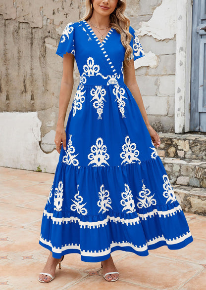 Floral Flowy Tiered Maxi Dress - Bell Sleeve, V-Neck, Casual - photo 29