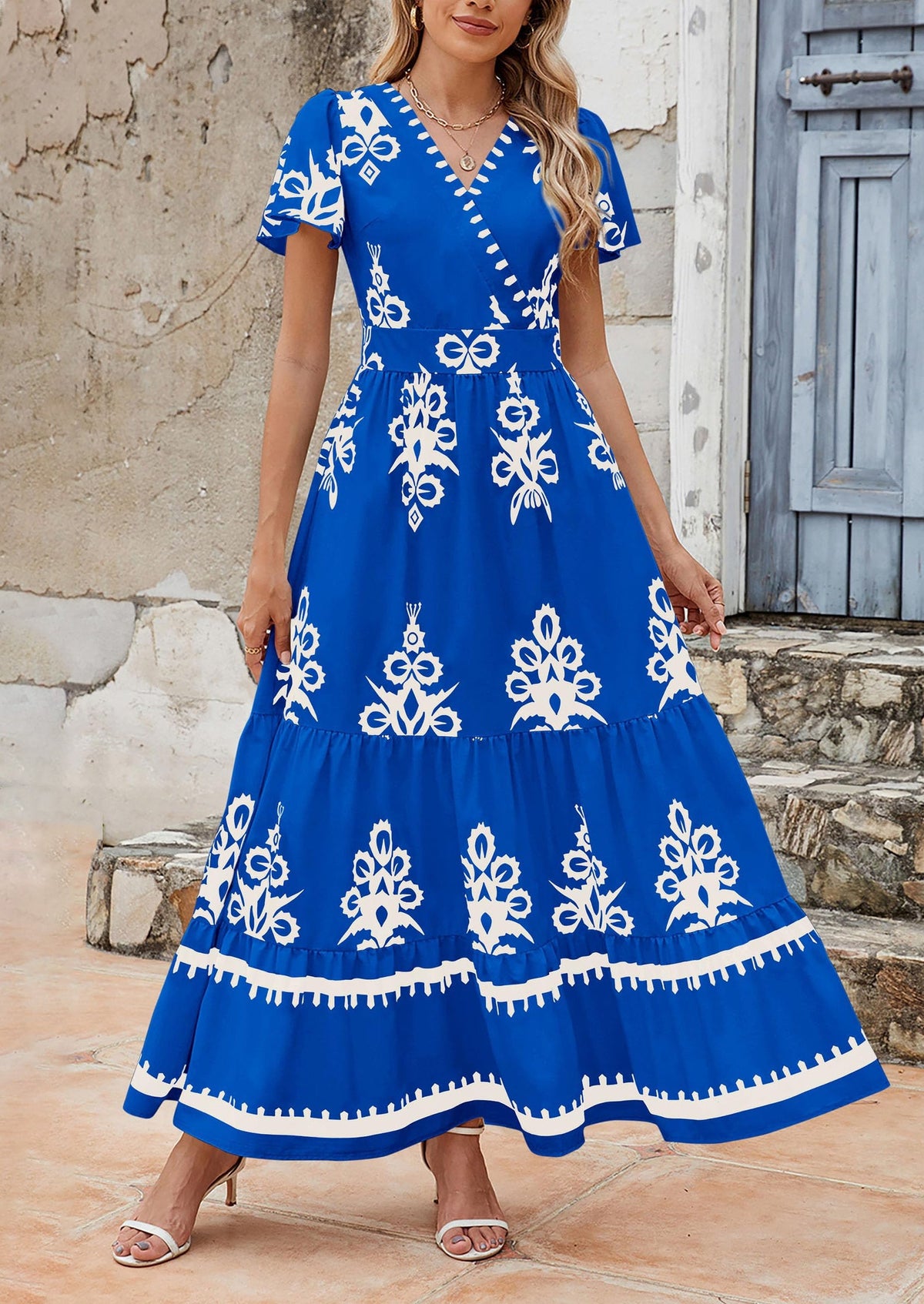 Floral Flowy Tiered Maxi Dress - Bell Sleeve, V-Neck, Casual - photo 30