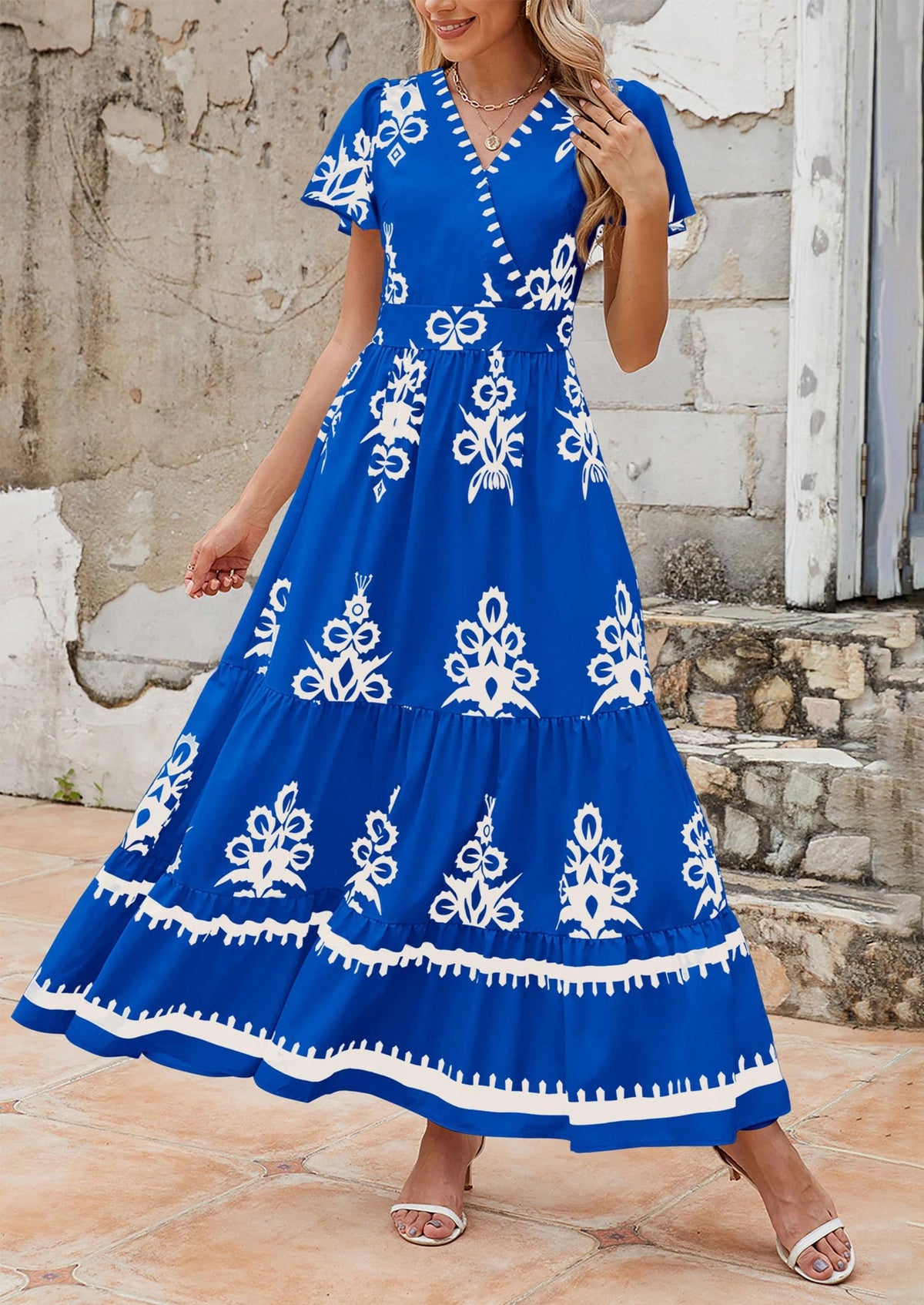 Floral Flowy Tiered Maxi Dress - Bell Sleeve, V-Neck, Casual - photo 28