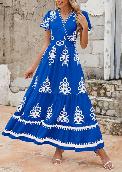 Floral Flowy Tiered Maxi Dress - Bell Sleeve, V-Neck, Casual - photo 28