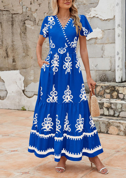 Floral Flowy Tiered Maxi Dress - Bell Sleeve, V-Neck, Casual - photo 31