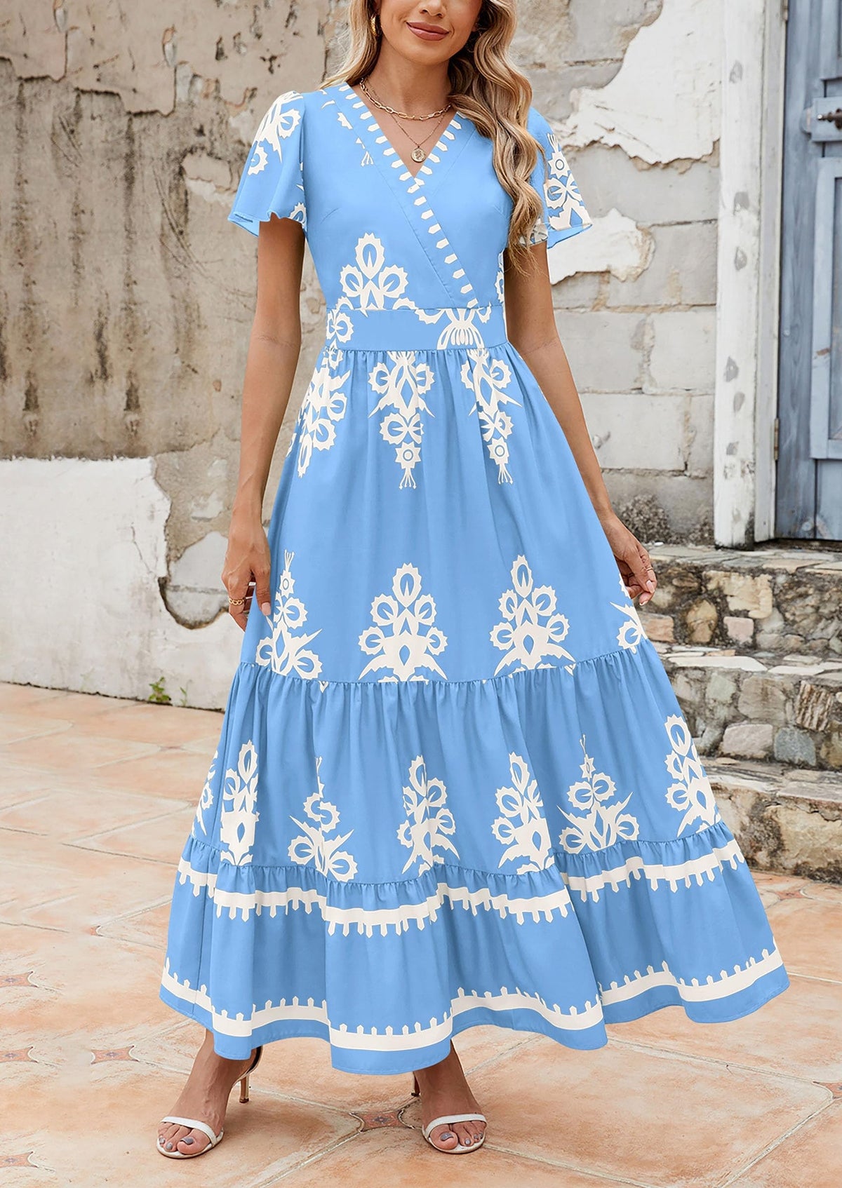 Floral Flowy Tiered Maxi Dress - Bell Sleeve, V-Neck, Casual - photo 3