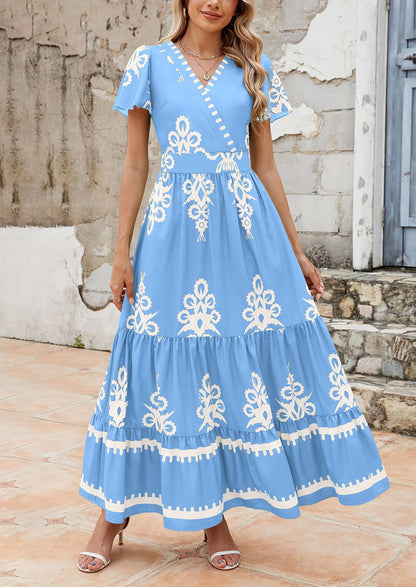 Floral Flowy Tiered Maxi Dress - Bell Sleeve, V-Neck, Casual - photo 3