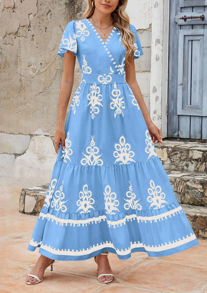 Floral Flowy Tiered Maxi Dress - Bell Sleeve, V-Neck, Casual - photo 5
