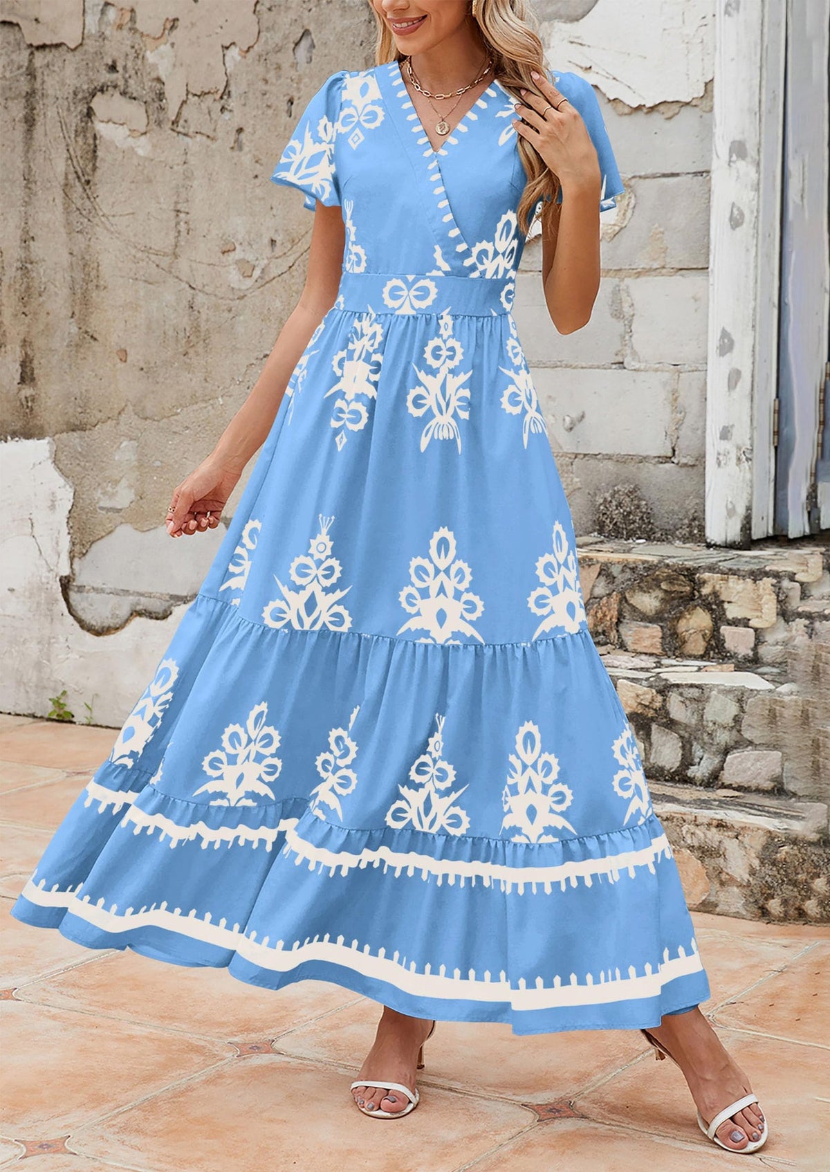 Floral Flowy Tiered Maxi Dress - Bell Sleeve, V-Neck, Casual - photo 4