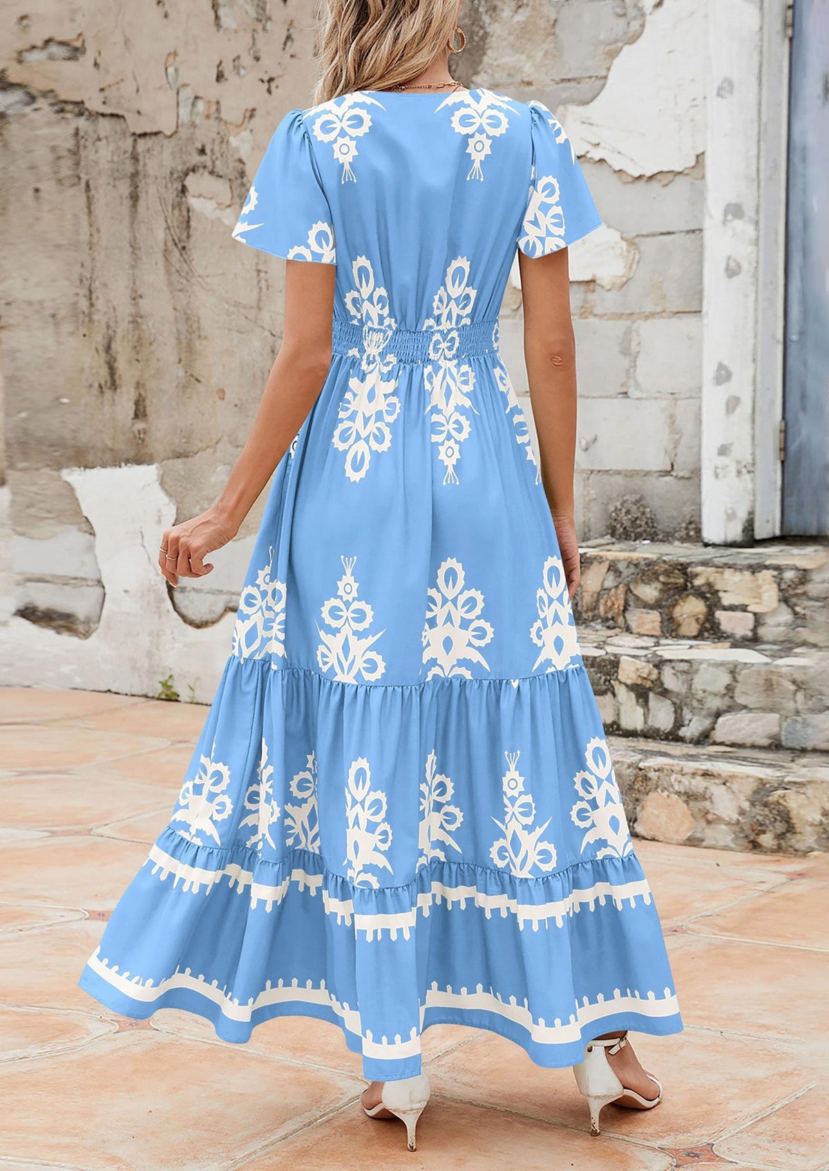 Floral Flowy Tiered Maxi Dress - Bell Sleeve, V-Neck, Casual - photo 2