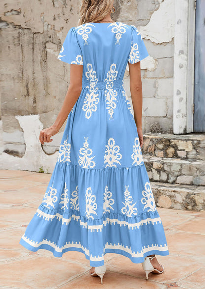 Floral Flowy Tiered Maxi Dress - Bell Sleeve, V-Neck, Casual - photo 2