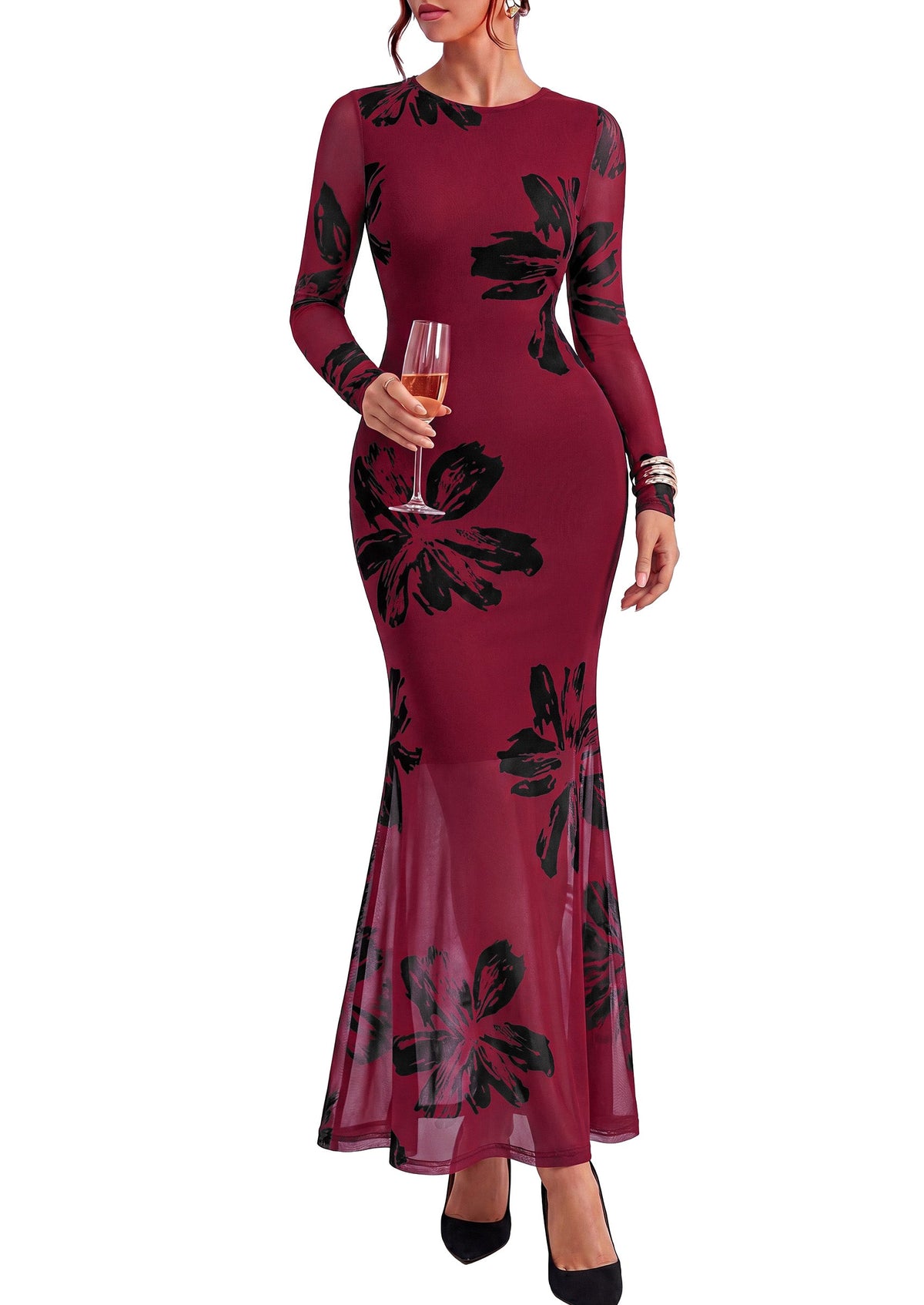 Floral Mesh Bodycon Maxi Dress - Long Sleeve, Crewneck, Photo 5