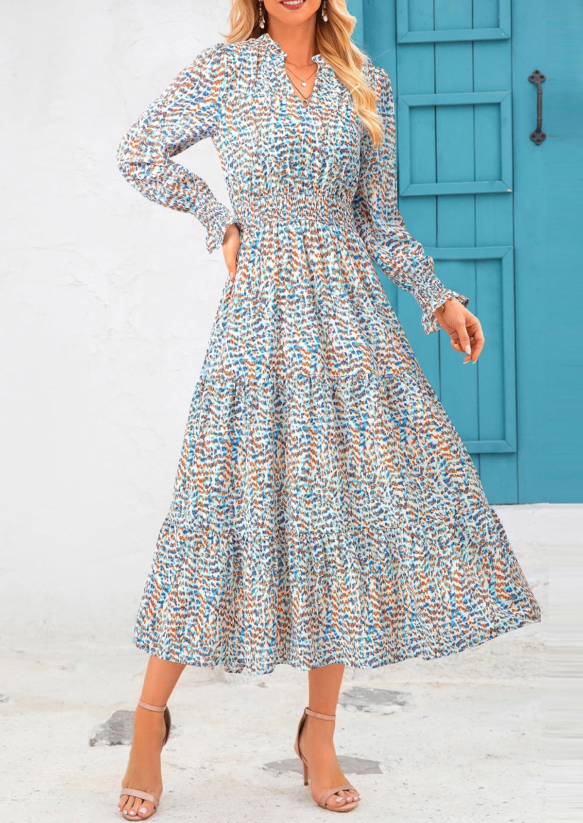 Floral A-Line Flowy Maxi Dress - Long Sleeve, V-Neck, Casual - photo 83