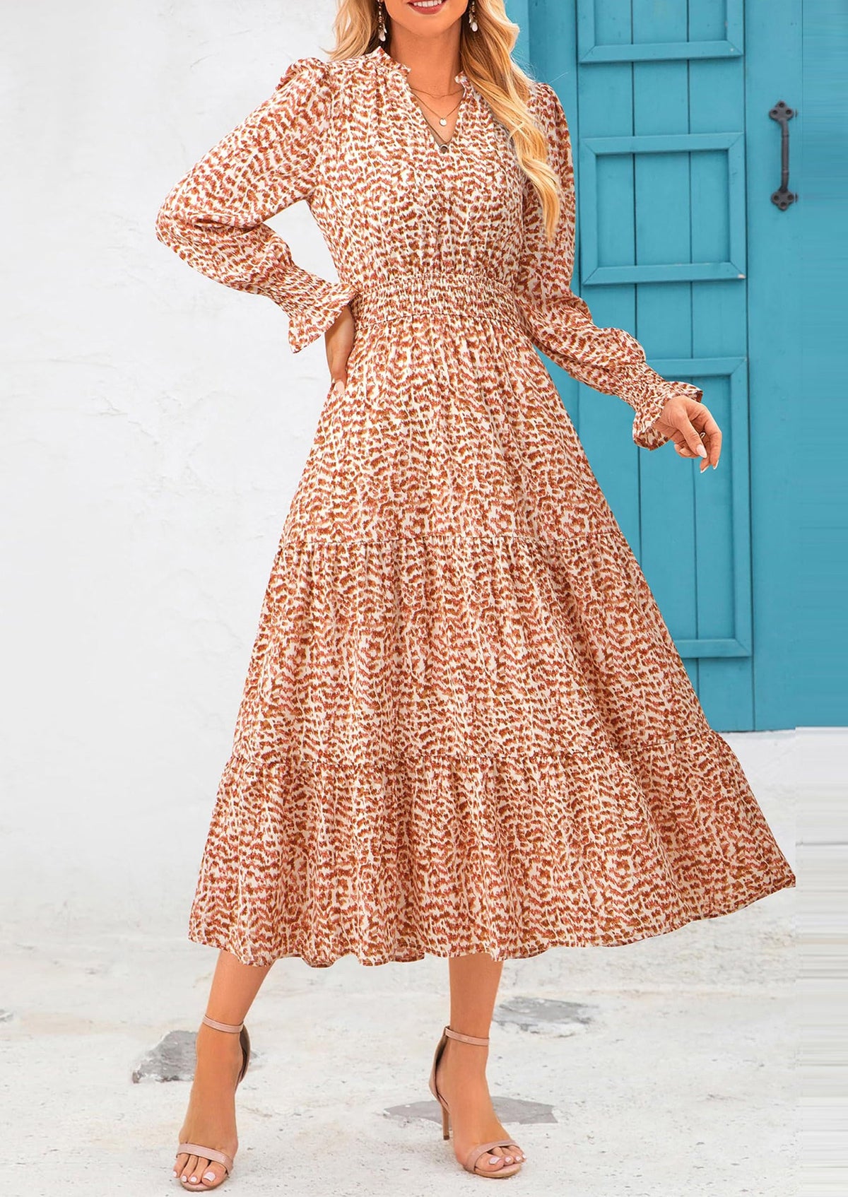 Floral A-Line Flowy Maxi Dress - Long Sleeve, V-Neck, Casual - photo 84