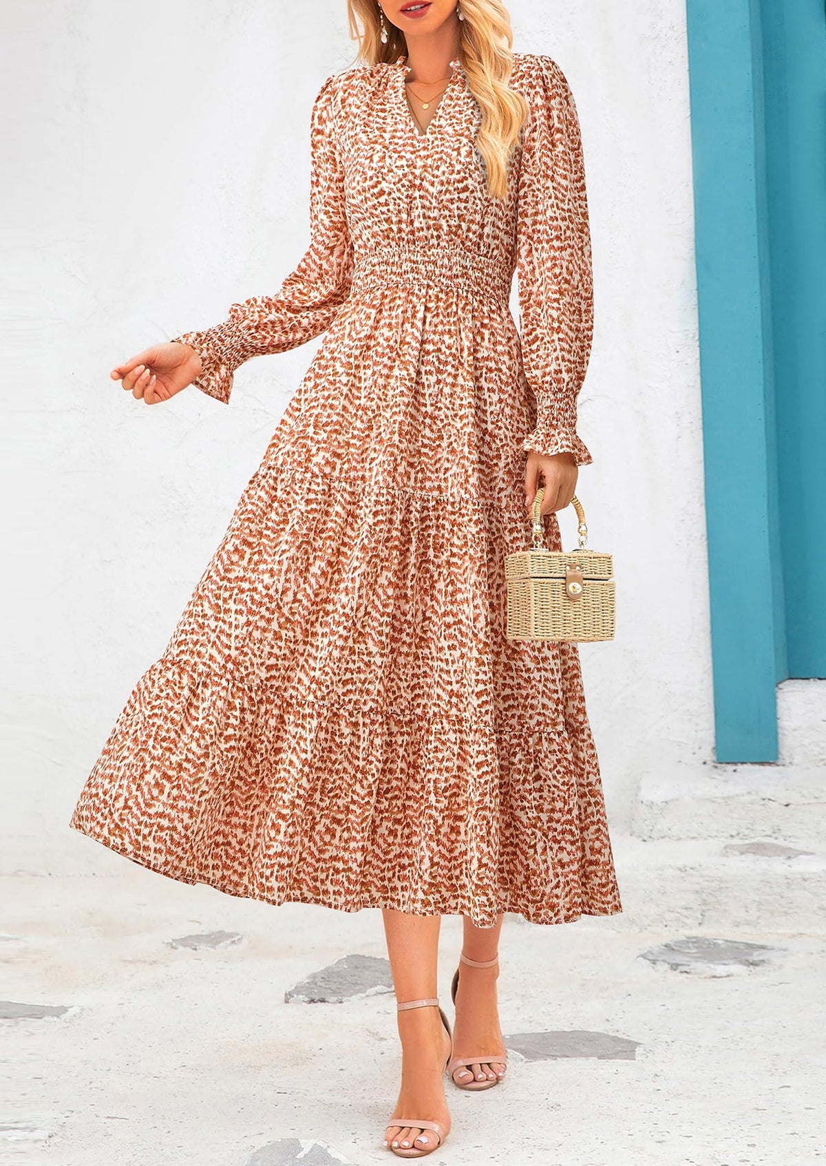 Floral A-Line Flowy Maxi Dress - Long Sleeve, V-Neck, Casual - photo 86