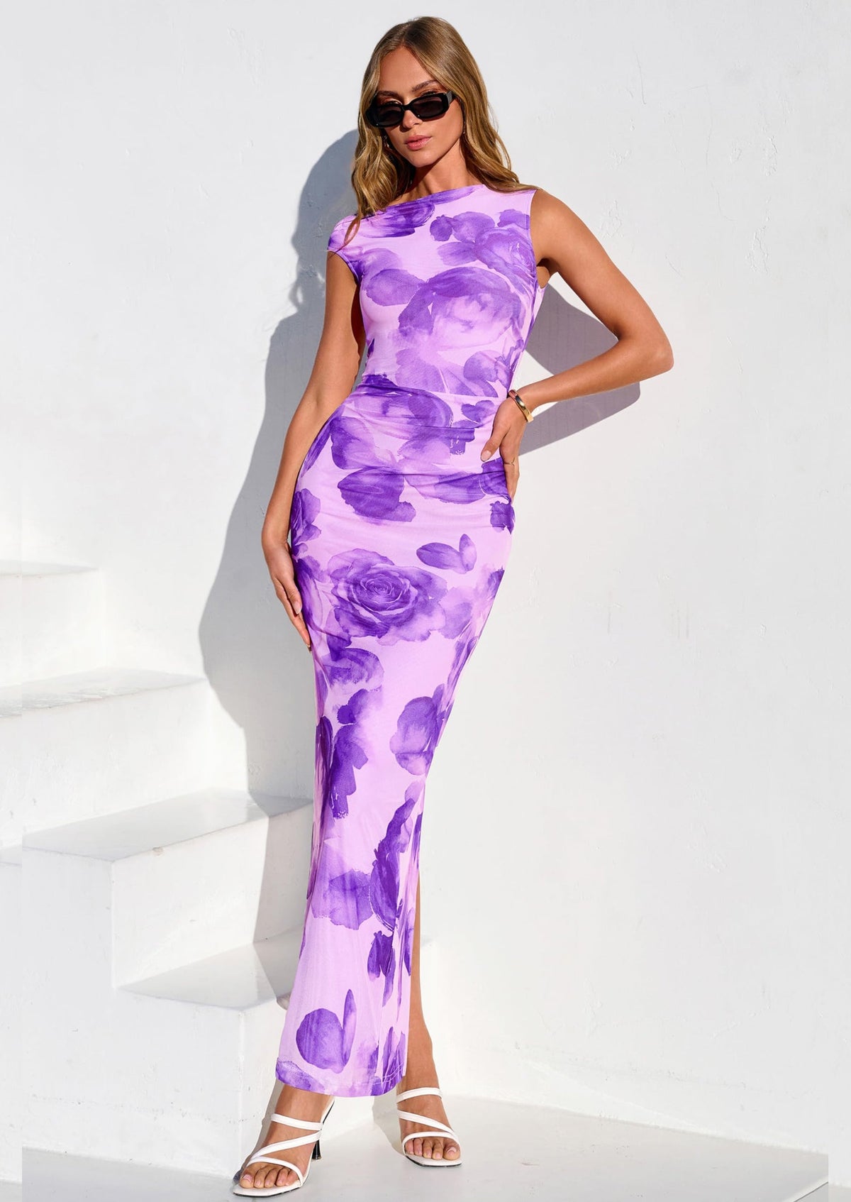 Floral Purple Floral Mesh Bodycon Maxi Dress - One-Shoulder, photo 1