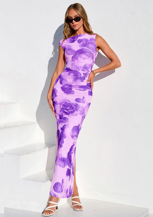 Floral Purple Floral Mesh Bodycon Maxi Dress - One-Shoulder, photo 1