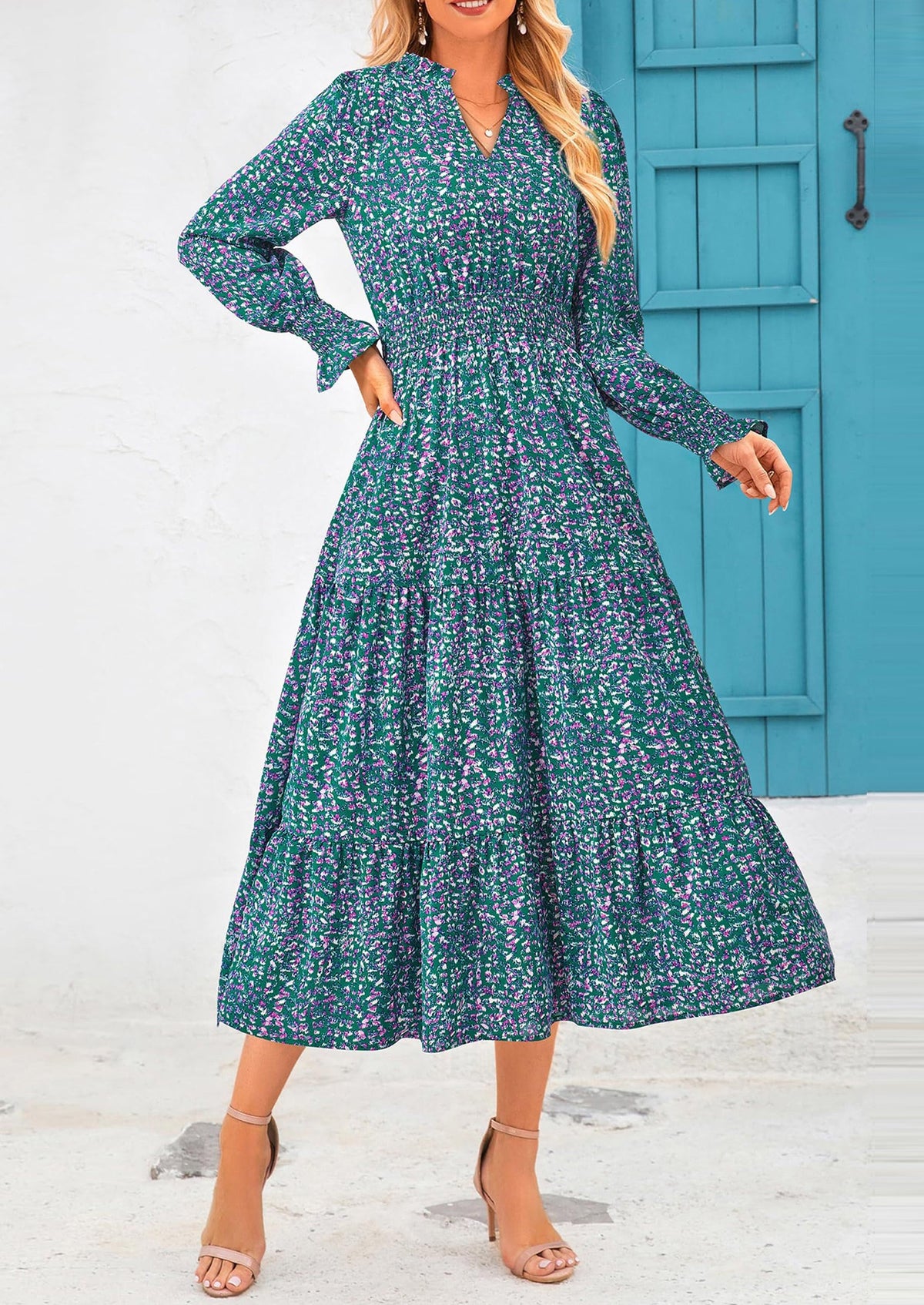 Floral A-Line Flowy Maxi Dress - Long Sleeve, V-Neck, Casual - photo 87