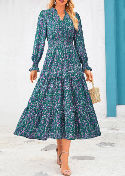 Floral A-Line Flowy Maxi Dress - Long Sleeve, V-Neck, Casual - photo 90