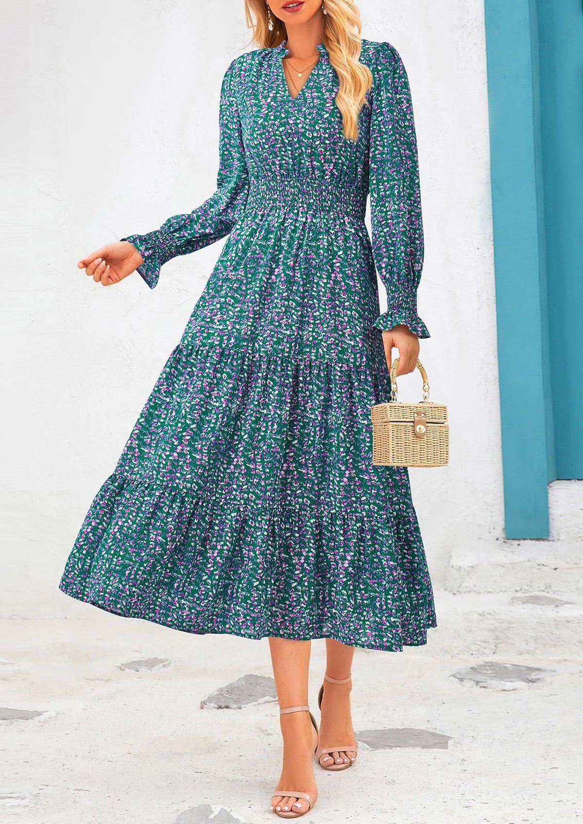 Floral A-Line Flowy Maxi Dress - Long Sleeve, V-Neck, Casual - photo 91