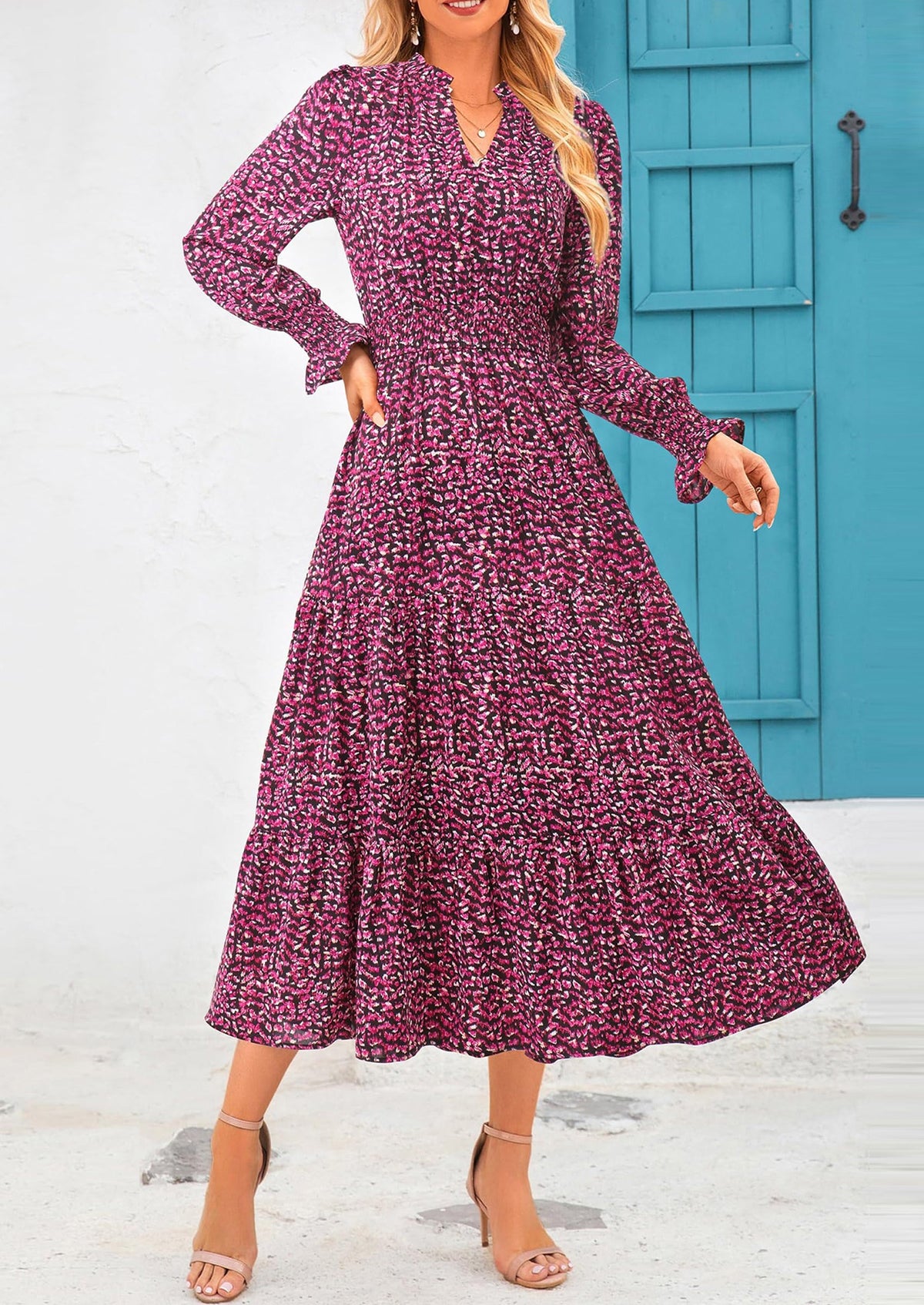 Floral A-Line Flowy Maxi Dress - Long Sleeve, V-Neck, Casual - photo 92