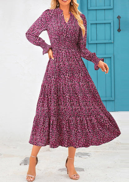 Floral A-Line Flowy Maxi Dress - Long Sleeve, V-Neck, Casual - photo 92