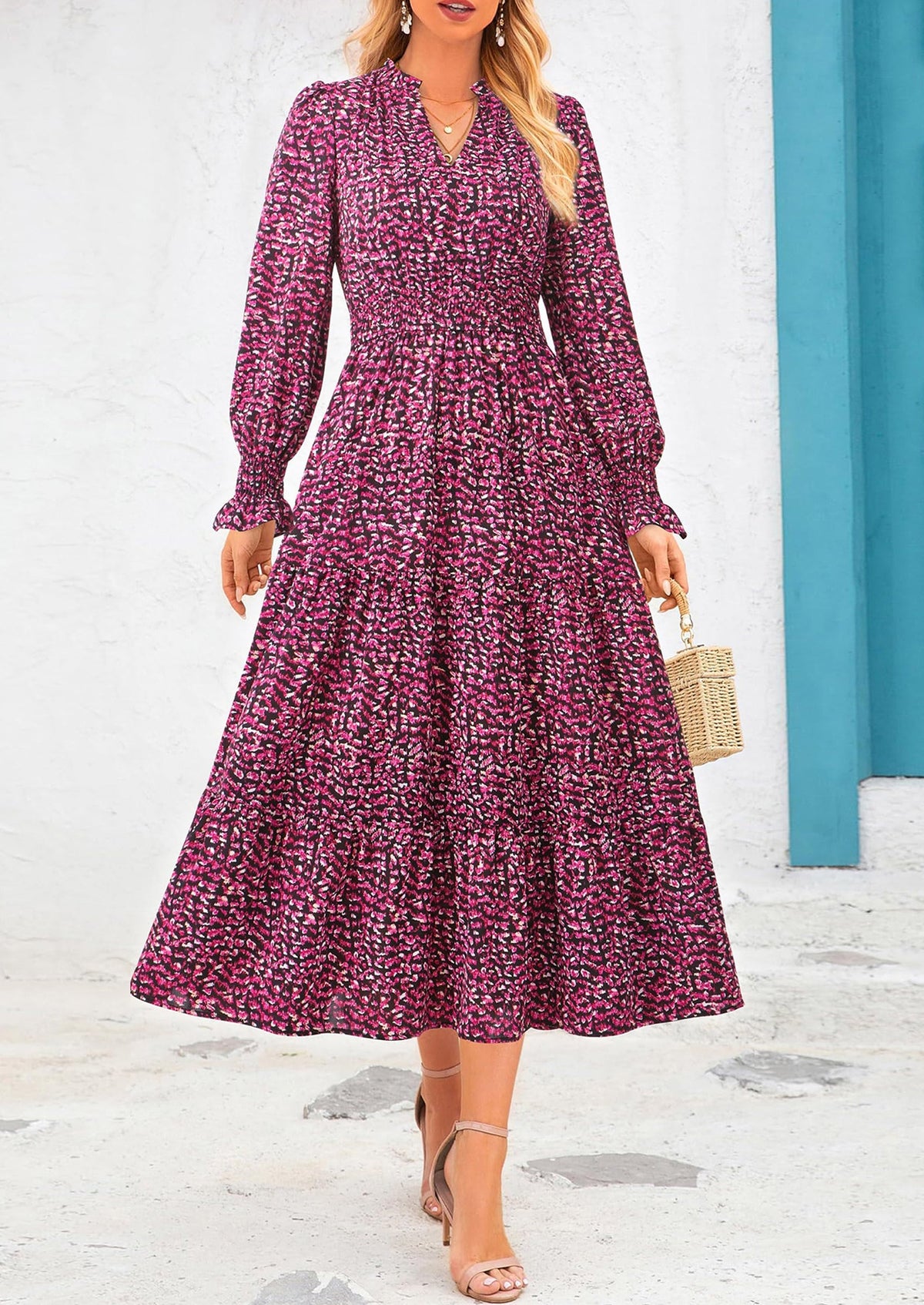 Floral A-Line Flowy Maxi Dress - Long Sleeve, V-Neck, Casual - photo 94