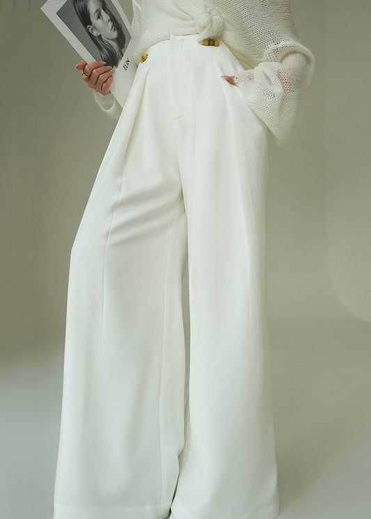 French White Lace Up Pockets High Waist Spandex Wide Leg Pants