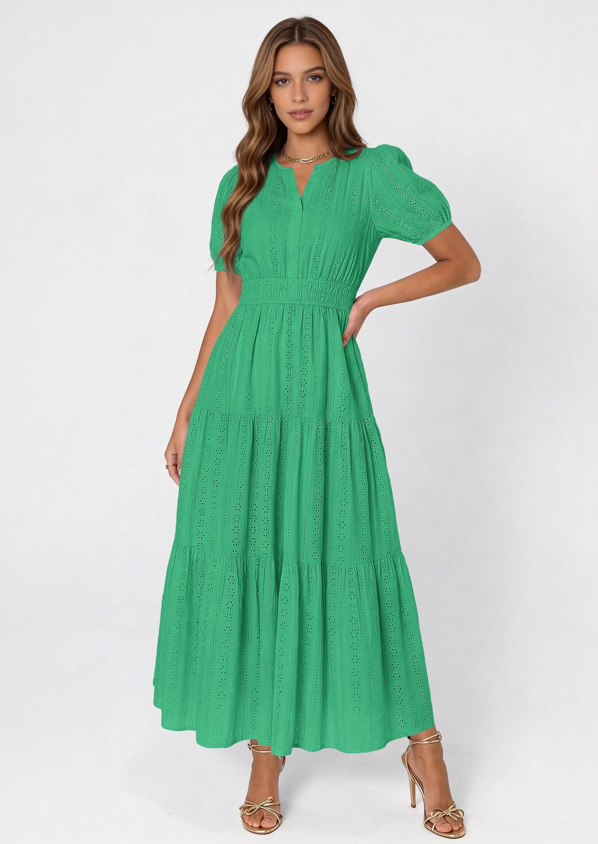 Eyelet Smocked Flowy Maxi Dress - Puff Sleeve, V-Neck, Casual - photo 30