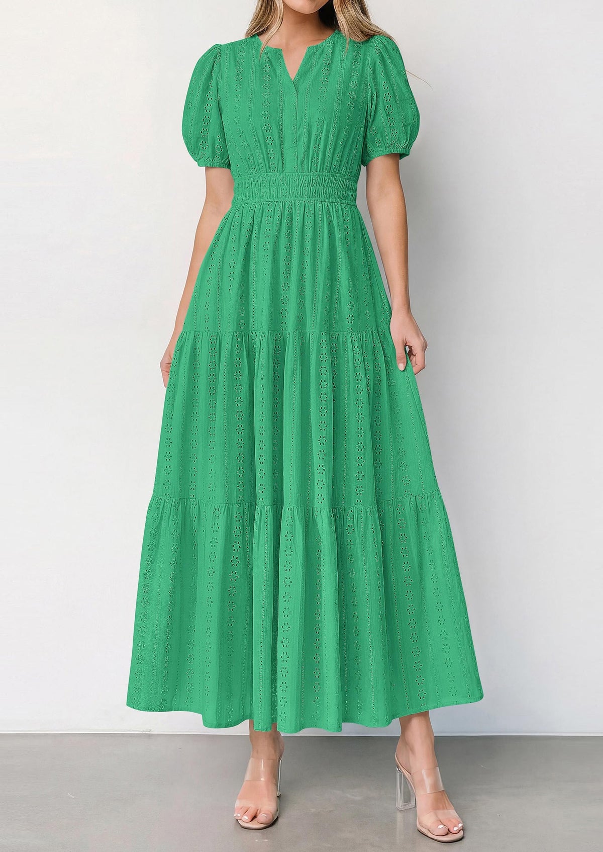 Eyelet Smocked Flowy Maxi Dress - Puff Sleeve, V-Neck, Casual - photo 26