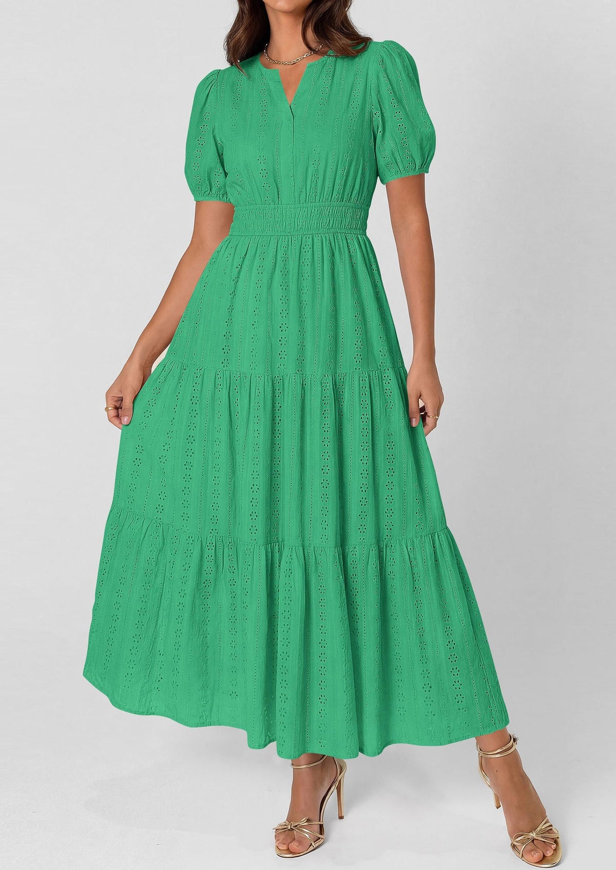 Eyelet Smocked Flowy Maxi Dress - Puff Sleeve, V-Neck, Casual - photo 28